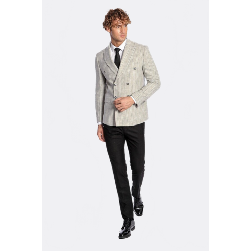 Wide Lapel Striped Double Breasted Grey Men Blazer - Chadrobe