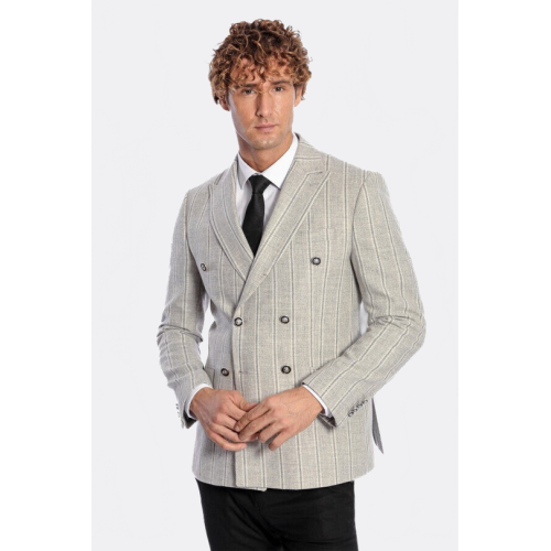 Wide Lapel Striped Double Breasted Grey Men Blazer - Chadrobe