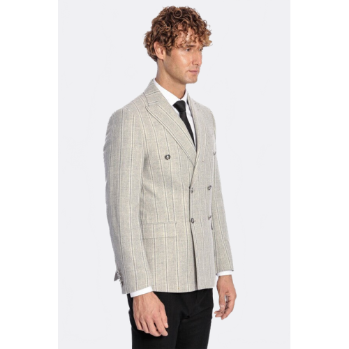 Wide Lapel Striped Double Breasted Grey Men Blazer - Chadrobe