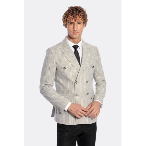 Wide Lapel Striped Double Breasted Grey Men Blazer - Chadrobe