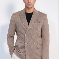 Sand Beige Pinstriped Slim Fit Double-Breasted Blazer with Gold Metal Buttons – Chadrobe