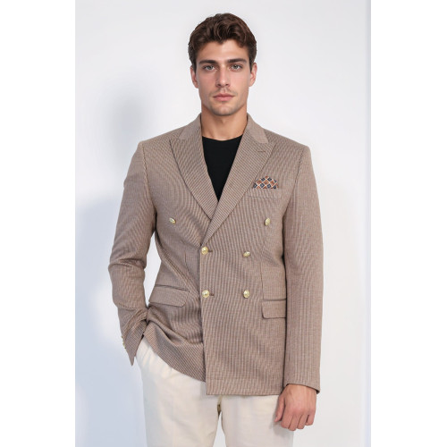 Sand Beige Pinstriped Slim Fit Double-Breasted Blazer with Gold Metal Buttons – Chadrobe