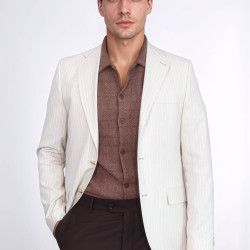 Cream Striped Linen Gold Metal Button Slim Fit Men's Blazer Jacket - Chadrobe