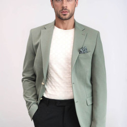 Sage Green Textured Gold Metal Button Slim Fit Men's Blazer Jacket - Chadrobe
