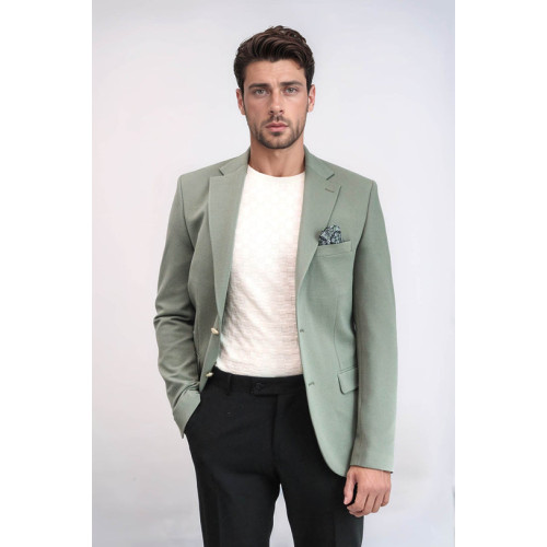 Sage Green Textured Gold Metal Button Slim Fit Men's Blazer Jacket - Chadrobe