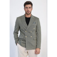Olive Green Pinstriped Slim Fit Double-Breasted Blazer with Gold Metal Buttons – Chadrobe