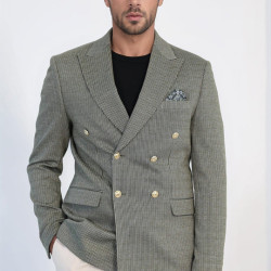 Olive Green Pinstriped Slim Fit Double-Breasted Blazer with Gold Metal Buttons – Chadrobe
