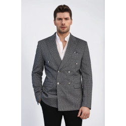Black Pinstriped Slim Fit Double-Breasted Blazer with Silver Metal Buttons – Chadrobe