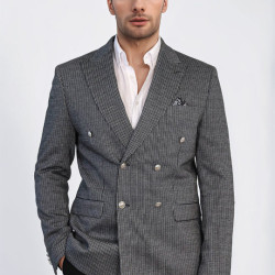 Black Pinstriped Slim Fit Double-Breasted Blazer with Silver Metal Buttons – Chadrobe