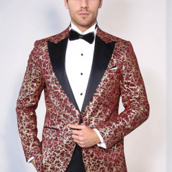 Root Pattern Peak Lapel Burgundy Men Party Blazer - Chadrobe