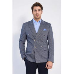 Navy Pinstriped Slim Fit Double-Breasted Blazer with Silver Metal Buttons – Chadrobe
