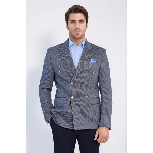Navy Pinstriped Slim Fit Double-Breasted Blazer with Silver Metal Buttons – Chadrobe