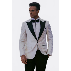 Feather Patterned Slim Fit White Men Tuxedo Blazer - Chadrobe