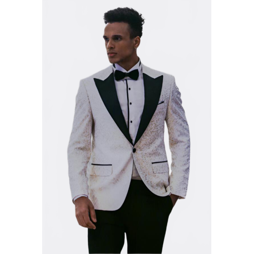 Feather Patterned Slim Fit White Men Tuxedo Blazer - Chadrobe