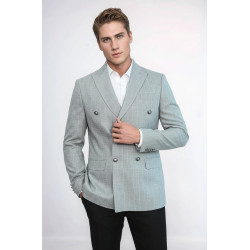 Double Breasted Slim Fit Striped Grey Men Blazer - Chadrobe