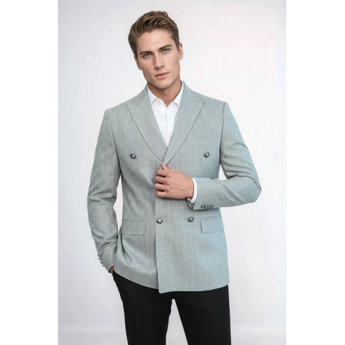 Double Breasted Slim Fit Striped Grey Men Blazer - Chadrobe