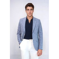 Dark Blue Textured Linen-Feel Gold Metal Button Slim Fit Men's Blazer Jacket - Chadrobe
