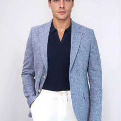 Dark Blue Textured Linen-Feel Gold Metal Button Slim Fit Men's Blazer Jacket - Chadrobe