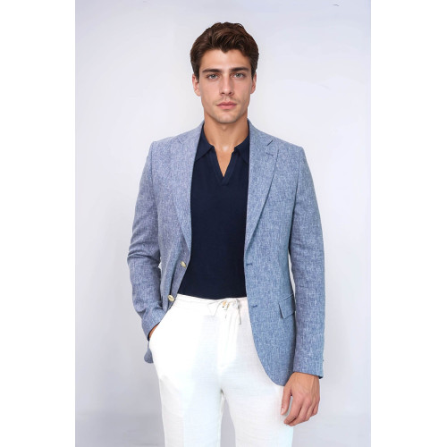 Dark Blue Textured Linen-Feel Gold Metal Button Slim Fit Men's Blazer Jacket - Chadrobe