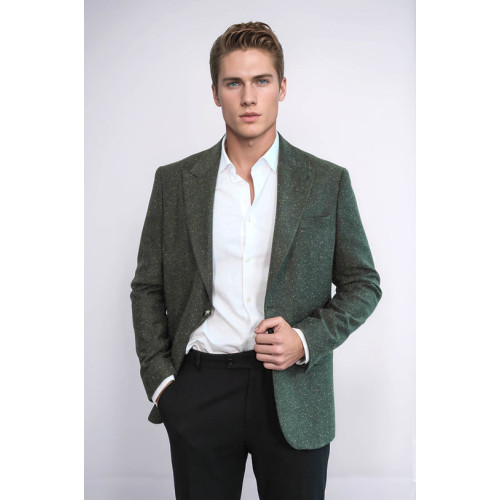 Houndstooth Pattern Wool Green Men Blazer - Chadrobe