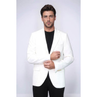 Ecru Textured Gold Metal Button Slim Fit Men's Blazer Jacket - Chadrobe