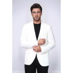 Ecru Textured Gold Metal Button Slim Fit Men's Blazer Jacket - Chadrobe
