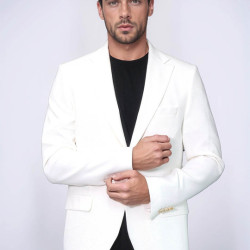 Ecru Textured Gold Metal Button Slim Fit Men's Blazer Jacket - Chadrobe