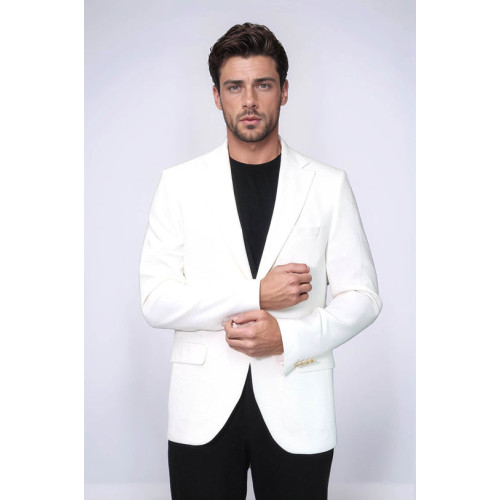 Ecru Textured Gold Metal Button Slim Fit Men's Blazer Jacket - Chadrobe