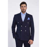 Navy Blue Solid Slim Fit Double-Breasted Blazer with Silver Metal Buttons – Chadrobe