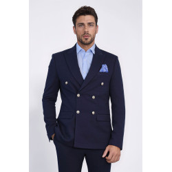 Navy Blue Solid Slim Fit Double-Breasted Blazer with Silver Metal Buttons – Chadrobe