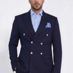 Navy Blue Solid Slim Fit Double-Breasted Blazer with Silver Metal Buttons – Chadrobe