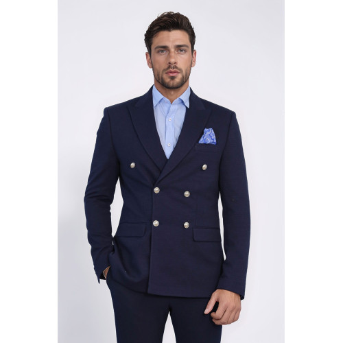 Navy Blue Solid Slim Fit Double-Breasted Blazer with Silver Metal Buttons – Chadrobe