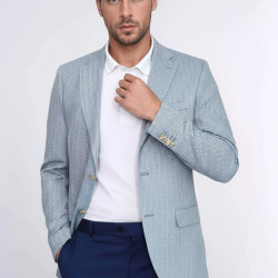 Light Blue Herringbone Pattern Gold Metal Button Slim Fit Men's Blazer Jacket - Chadrobe