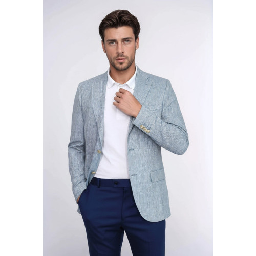 Light Blue Herringbone Pattern Gold Metal Button Slim Fit Men's Blazer Jacket - Chadrobe