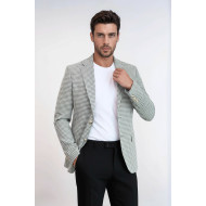 Light Grey Houndstooth Pattern Gold Metal Button Slim Fit Men's Blazer Jacket - Chadrobe