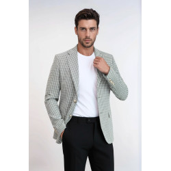 Light Grey Houndstooth Pattern Gold Metal Button Slim Fit Men's Blazer Jacket - Chadrobe