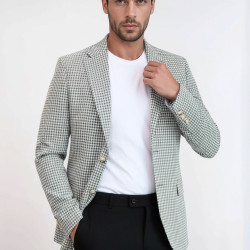 Light Grey Houndstooth Pattern Gold Metal Button Slim Fit Men's Blazer Jacket - Chadrobe