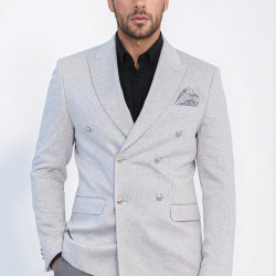 Grey Pinstriped Slim Fit Double-Breasted Blazer with Silver Metal Buttons – Chadrobe