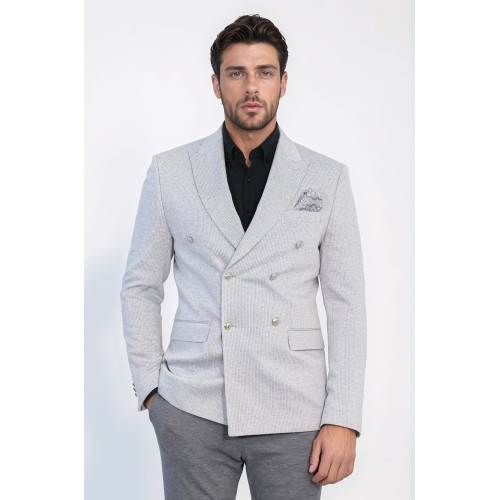 Grey Pinstriped Slim Fit Double-Breasted Blazer with Silver Metal Buttons – Chadrobe
