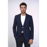 Navy Blue Textured Gold Metal Button Slim Fit Men's Blazer Jacket - Chadrobe