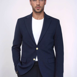 Navy Blue Textured Gold Metal Button Slim Fit Men's Blazer Jacket - Chadrobe