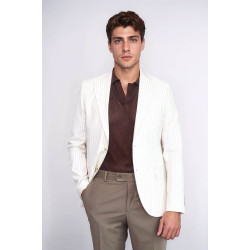 Ecru Striped Linen Gold Metal Button Slim Fit Men's Blazer Jacket - Chadrobe