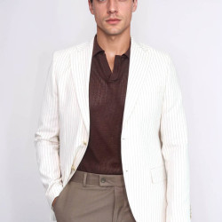 Ecru Striped Linen Gold Metal Button Slim Fit Men's Blazer Jacket - Chadrobe