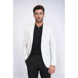 Light Grey Herringbone Pattern Gold Metal Button Slim Fit Men's Blazer Jacket - Chadrobe