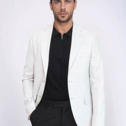Light Grey Herringbone Pattern Gold Metal Button Slim Fit Men's Blazer Jacket - Chadrobe