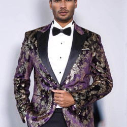 Peak Lapel Slim Fit Gold Patterned Purple Men Singer Tuxedo Blazer