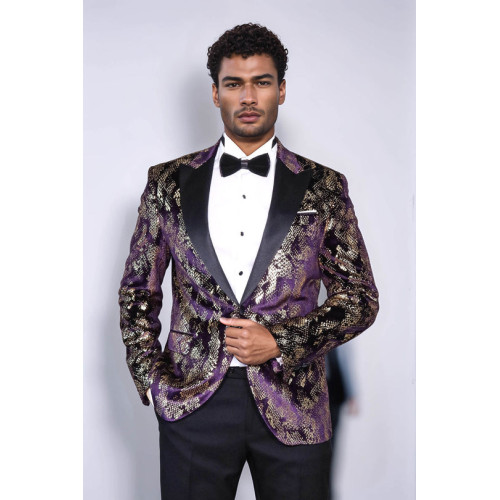Peak Lapel Slim Fit Gold Patterned Purple Men Singer Tuxedo Blazer