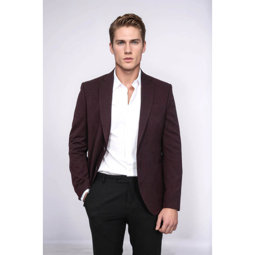 Textured Slim Fit Notch Lapel Burgundy Men Blazer - Chadrobe