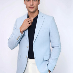 Light Blue Textured Linen-Feel Gold Metal Button Slim Fit Men's Blazer Jacket - Chadrobe