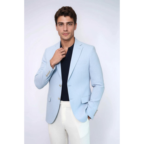 Light Blue Textured Linen-Feel Gold Metal Button Slim Fit Men's Blazer Jacket - Chadrobe
